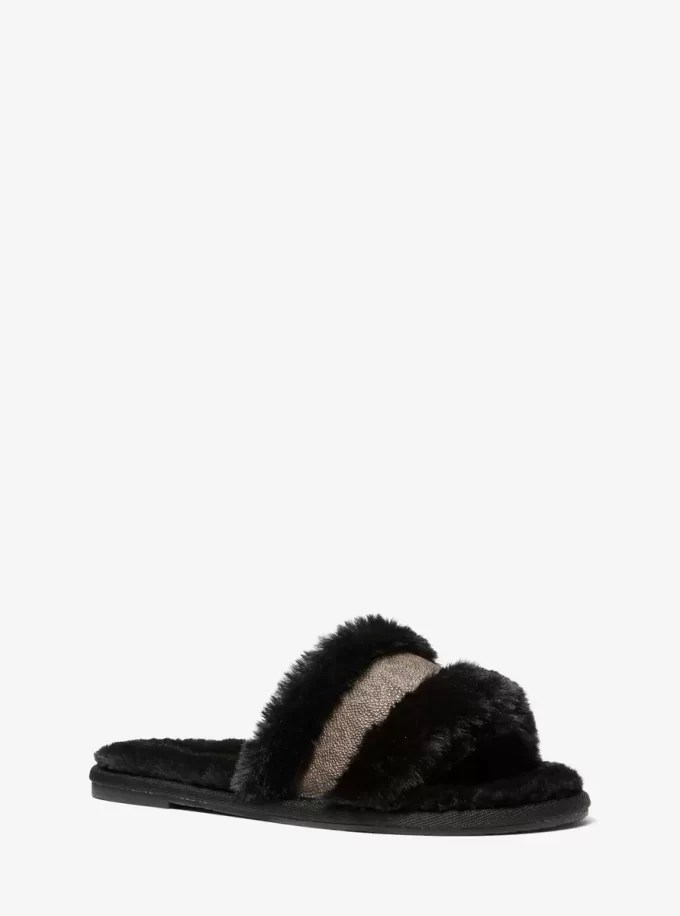 Alexis Faux Fur and Metallic Signature Logo Slide Sandal Alexis Faux Fur and Metallic Signature Logo Slide Sandal