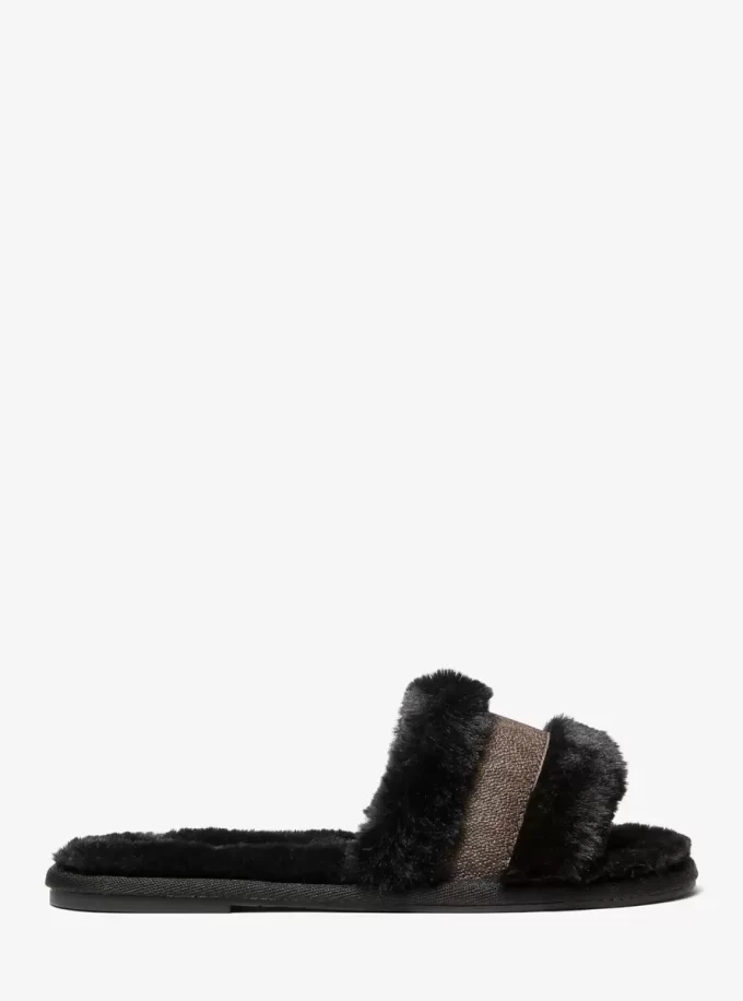 Alexis Faux Fur and Metallic Signature Logo Slide Sandal Alexis Faux Fur and Metallic Signature Logo Slide Sandal