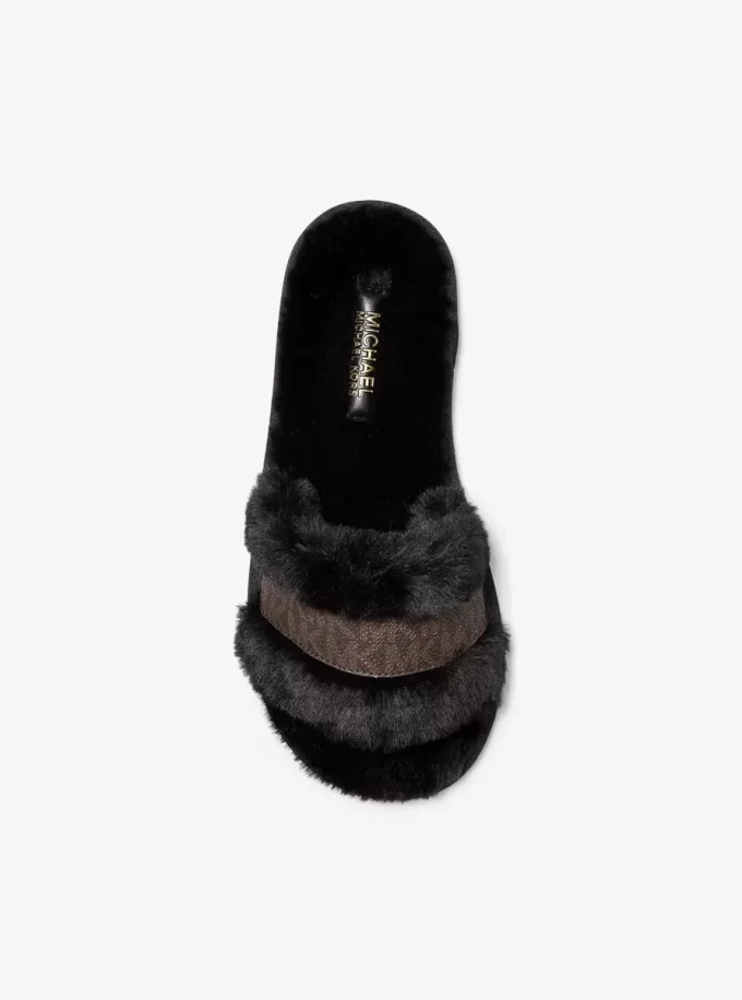 Alexis Faux Fur and Metallic Signature Logo Slide Sandal Alexis Faux Fur and Metallic Signature Logo Slide Sandal