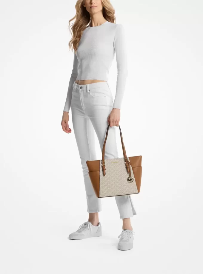 Charlotte Large Logo and Leather Top-Zip Tote Bag Charlotte Large Logo and Leather Top-Zip Tote Bag
