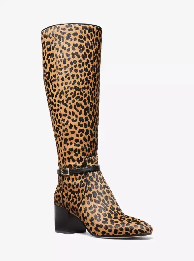 Ella Leopard Print Calf Hair Wide Calf Block Heel Boot