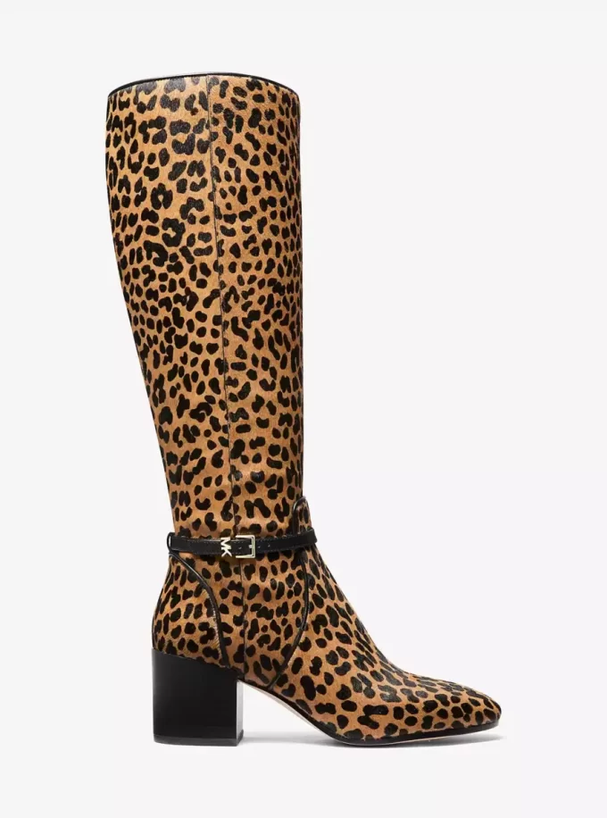 Ella Leopard Print Calf Hair Wide Calf Block Heel Boot