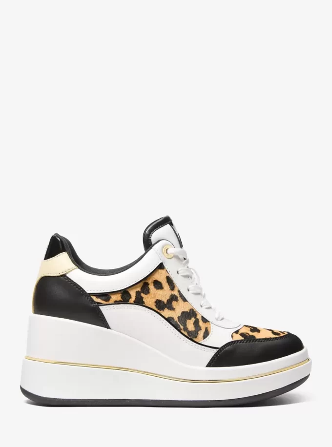 Emmy Leather and Leopard Print Calf Hair Wedge Trainer Emmy Leather and Leopard Print Calf Hair Wedge Trainer