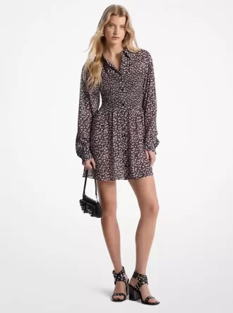 Floral Print Georgette Smocked Shirtdress