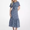 Floral Print Viscose and Silk Blend Midi Dress
