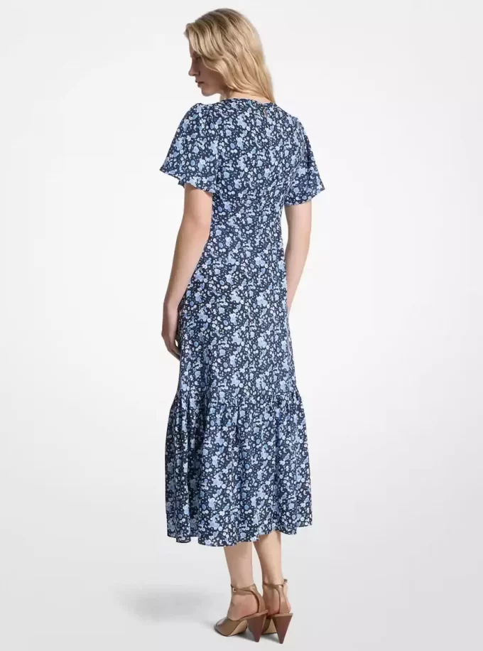 Floral Print Viscose and Silk Blend Midi Dress