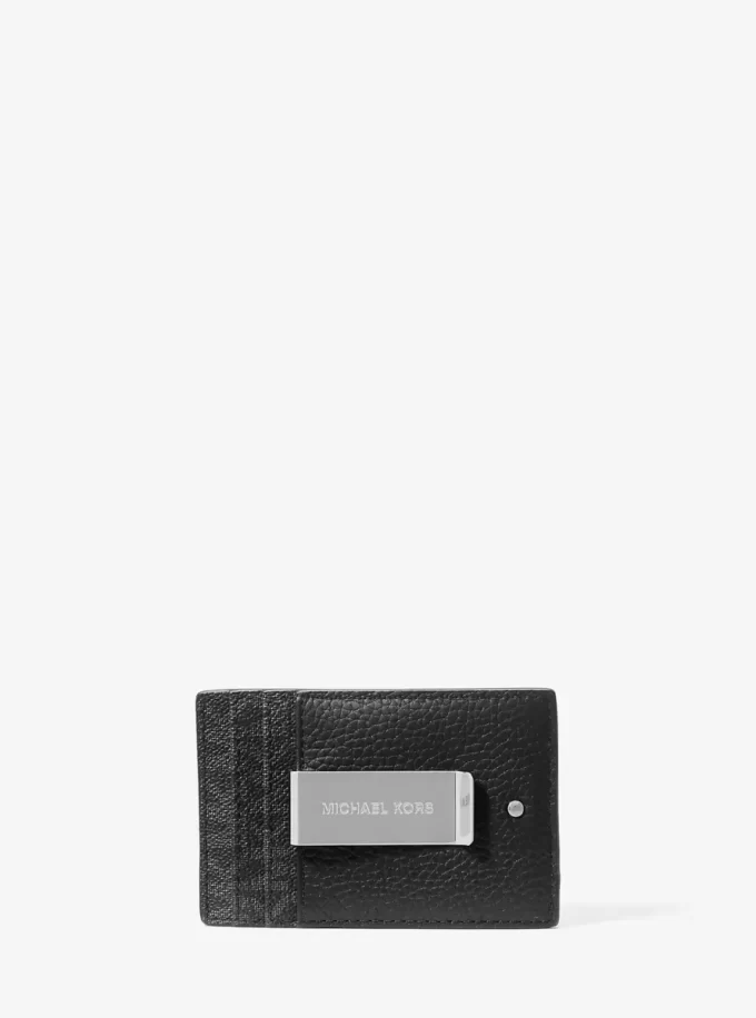 Hudson Pebbled Leather and Signature Logo Money Clip Card Case Hudson Pebbled Leather and Signature Logo Money Clip Card Case