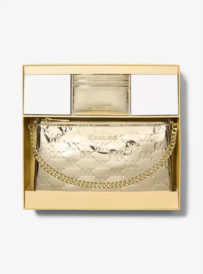 Jet Set Medium Metallic Logo Debossed Pochette and Card Case Gift Set Jet Set Medium Metallic Logo Debossed Pochette and Card Case Gift Set