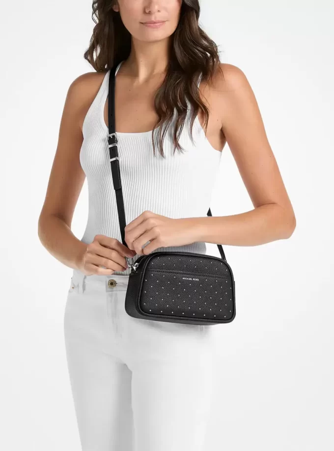 Jet Set Small Studded Pebbled Leather Camera Crossbody Bag