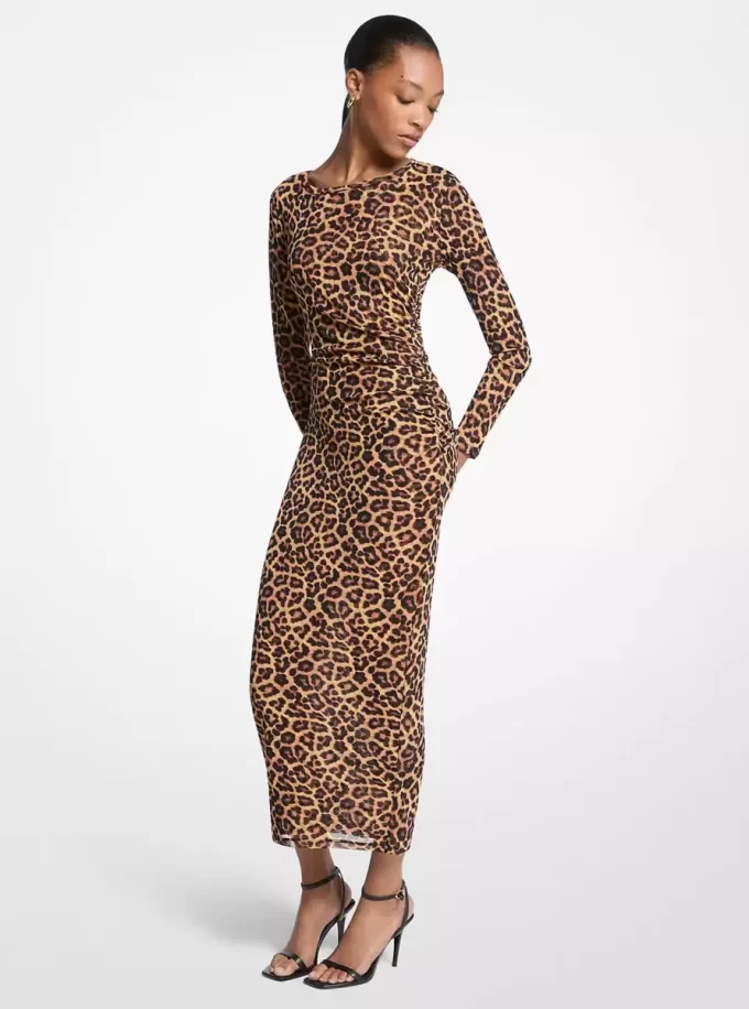 Leopard Print Nylon Mesh Midi Dress Leopard Print Nylon Mesh Midi Dress