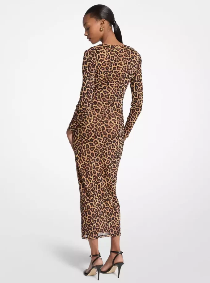 Leopard Print Nylon Mesh Midi Dress Leopard Print Nylon Mesh Midi Dress