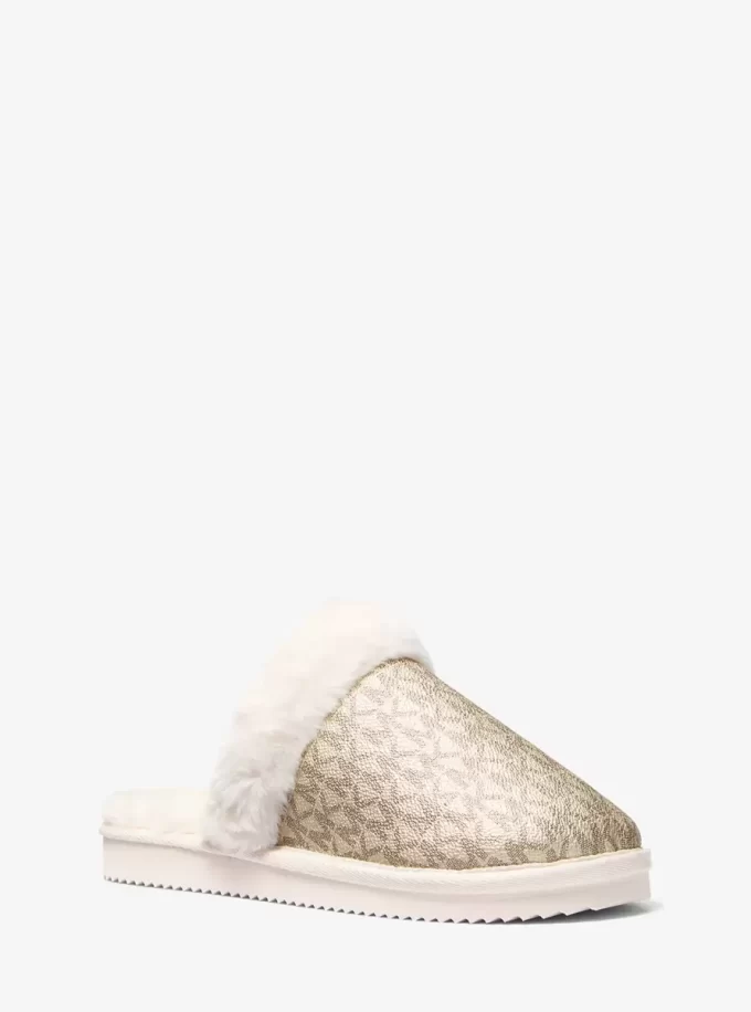 Liddy Metallic Signature Logo and Faux Fur Slipper