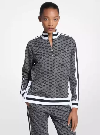 Logo Print Metallic Stretch Knit Half-Zip Jacket