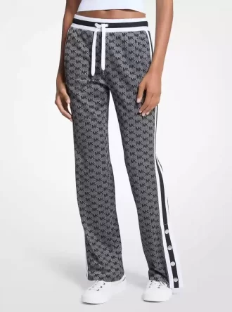 Logo Print Metallic Stretch Knit Track Pants