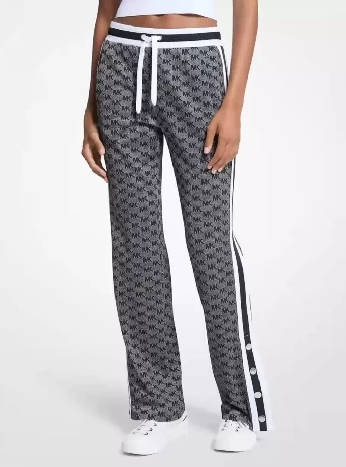 Logo Print Metallic Stretch Knit Track Pants
