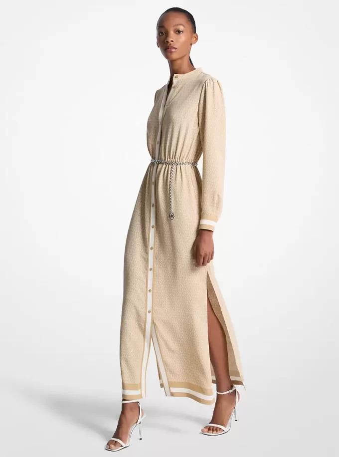 Logo Print Satin Belted Maxi Dress Logo Print Satin Belted Maxi Dress