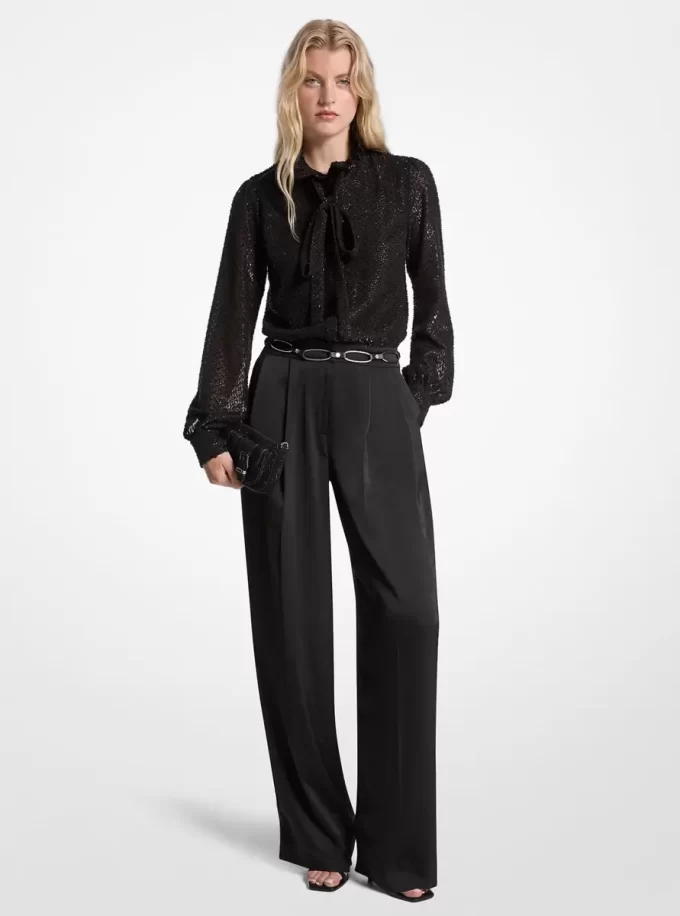 Metallic Clip Jacquard and Satin Tie-Neck Jumpsuit Metallic Clip Jacquard and Satin Tie-Neck Jumpsuit
