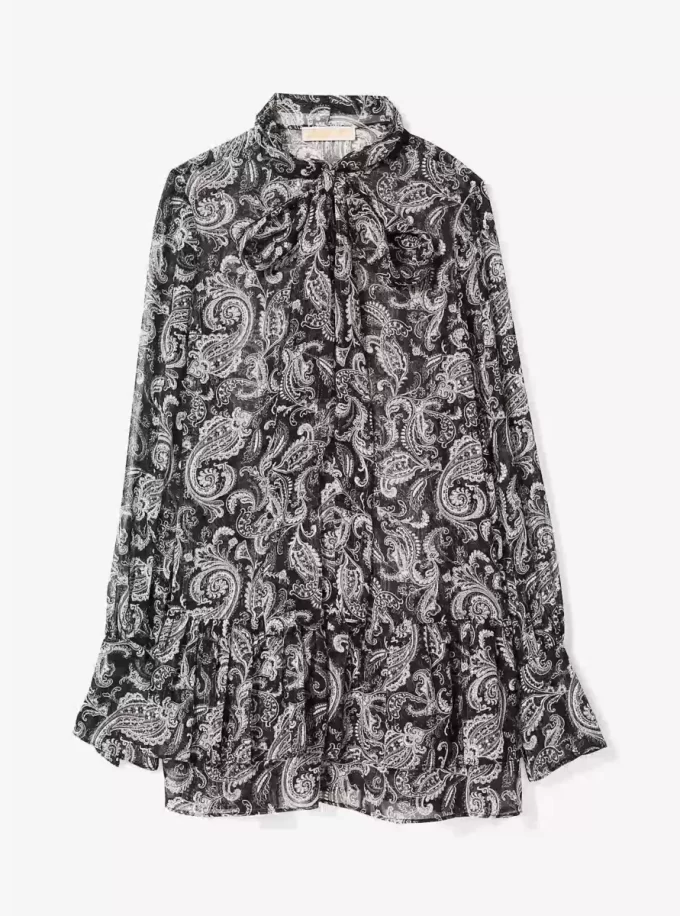 Metallic Paisley Georgette Tie-Neck Dress