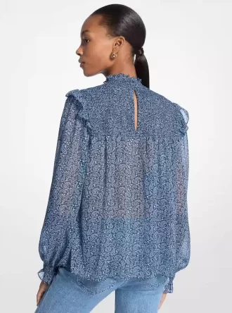 Metallic Paisley Print Smocked Georgette Blouse