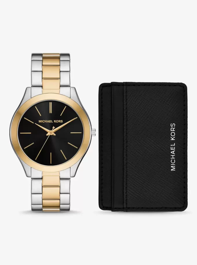 Oversized Aspyn Two-Tone Watch and Leather Card Case Gift Set Oversized Aspyn Two-Tone Watch and Leather Card Case Gift Set