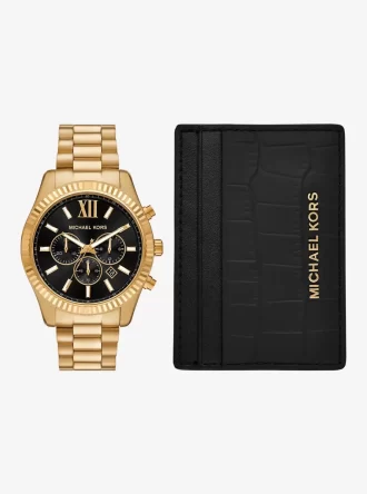 Oversized Lexington Gold-Tone Watch and Crocodile Embossed Leather Card Case Gift Set