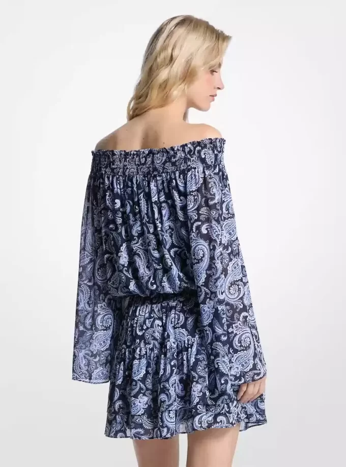 Paisley Georgette Off-The-Shoulder Dress