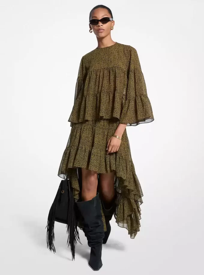 Paisley Print Georgette High-Low Tiered Skirt