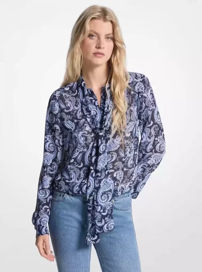 Paisley Print Georgette Tie-Neck Blouse Paisley Print Georgette Tie-Neck Blouse