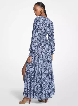 Paisley Print Smocked Georgette Maxi Dress