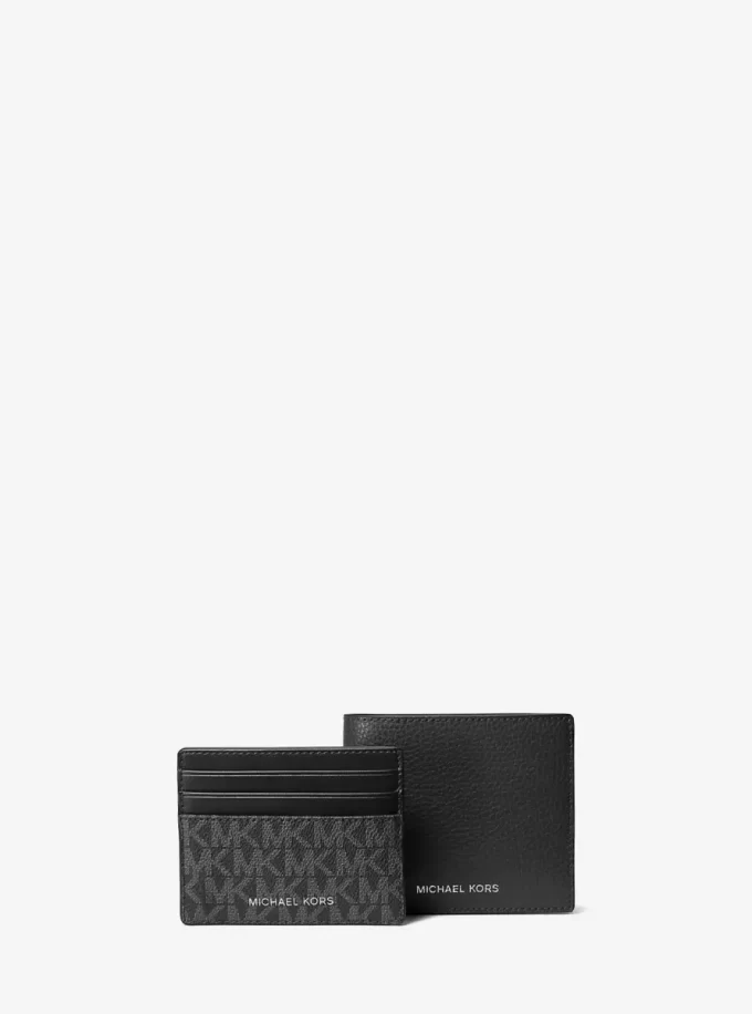 Pebbled Leather Billfold Wallet and Signature Logo Card Case Gift Set Pebbled Leather Billfold Wallet and Signature Logo Card Case Gift Set