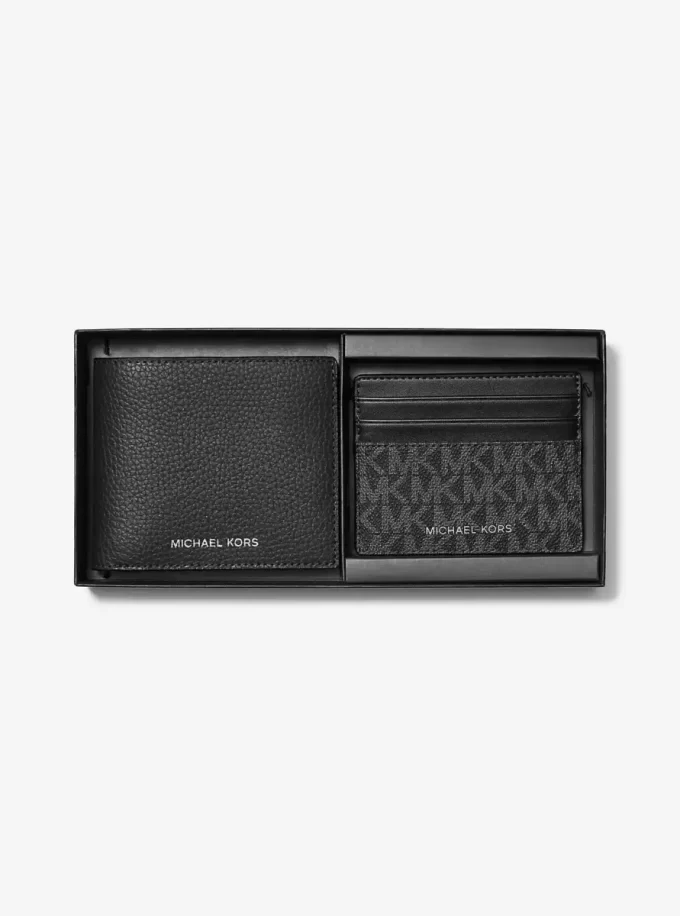 Pebbled Leather Billfold Wallet and Signature Logo Card Case Gift Set Pebbled Leather Billfold Wallet and Signature Logo Card Case Gift Set