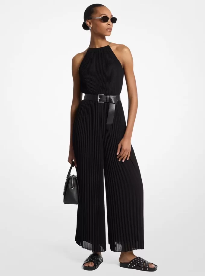 Pleated Georgette Halter Jumpsuit Pleated Georgette Halter Jumpsuit