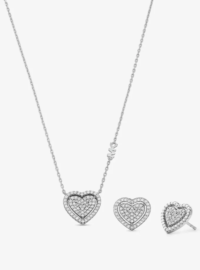Precious Metal-Plated Sterling Silver Pavé Heart Necklace and Earrings Gift Set Precious Metal-Plated Sterling Silver Pavé Heart Necklace and Earrings Gift Set