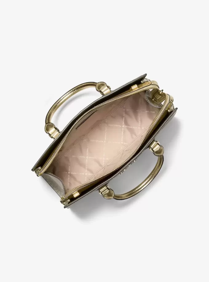 Sheila Medium Two-Tone Metallic Signature Logo Satchel