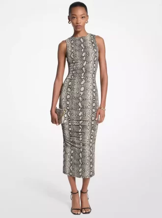 Snake Print Stretch Jersey Ruched Midi Dress
