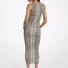 Snake Print Stretch Jersey Ruched Midi Dress