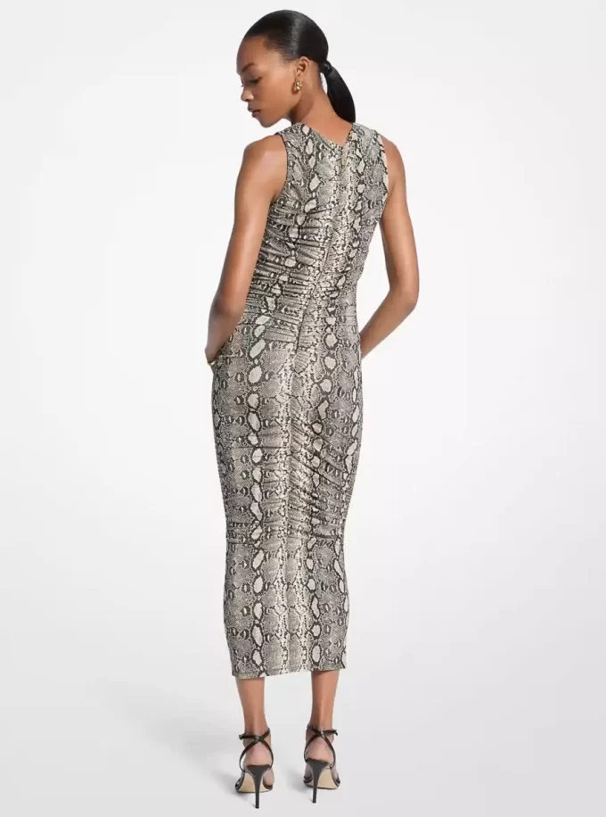 Snake Print Stretch Jersey Ruched Midi Dress