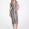 Snake Print Stretch Matte Jersey Ruched Midi Dress