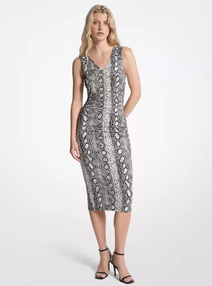 Snake Print Stretch Matte Jersey Ruched Midi Dress