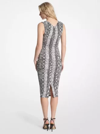 Snake Print Stretch Matte Jersey Ruched Midi Dress