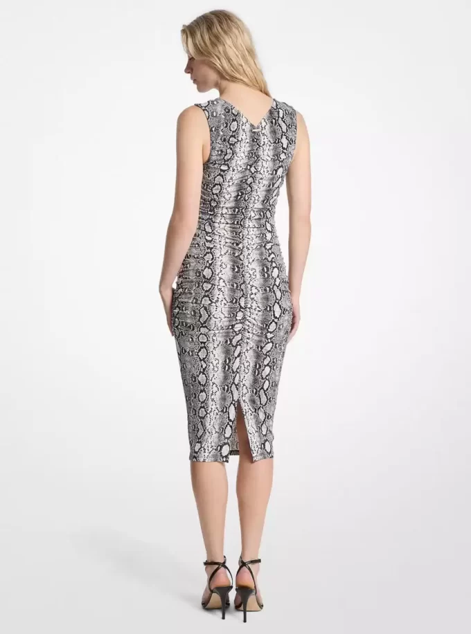 Snake Print Stretch Matte Jersey Ruched Midi Dress