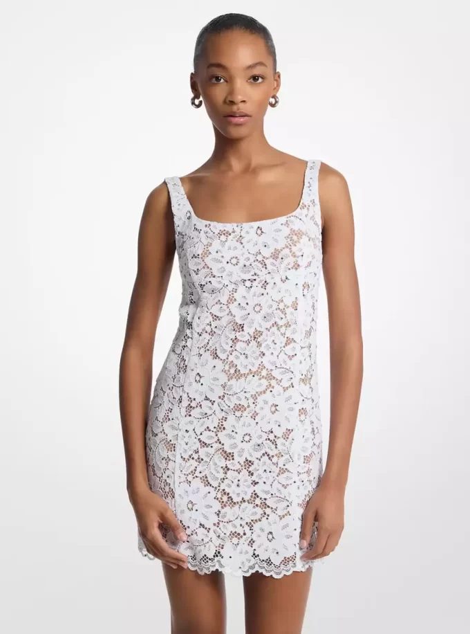 Studded Corded Floral Lace Mini Dress