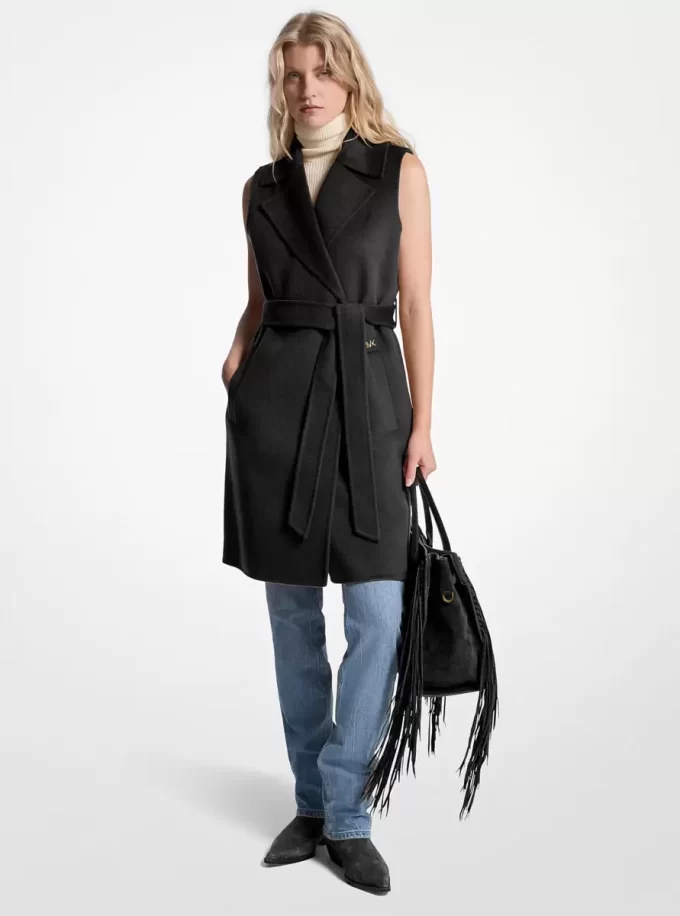 Wool Blend Belted Wrap Vest